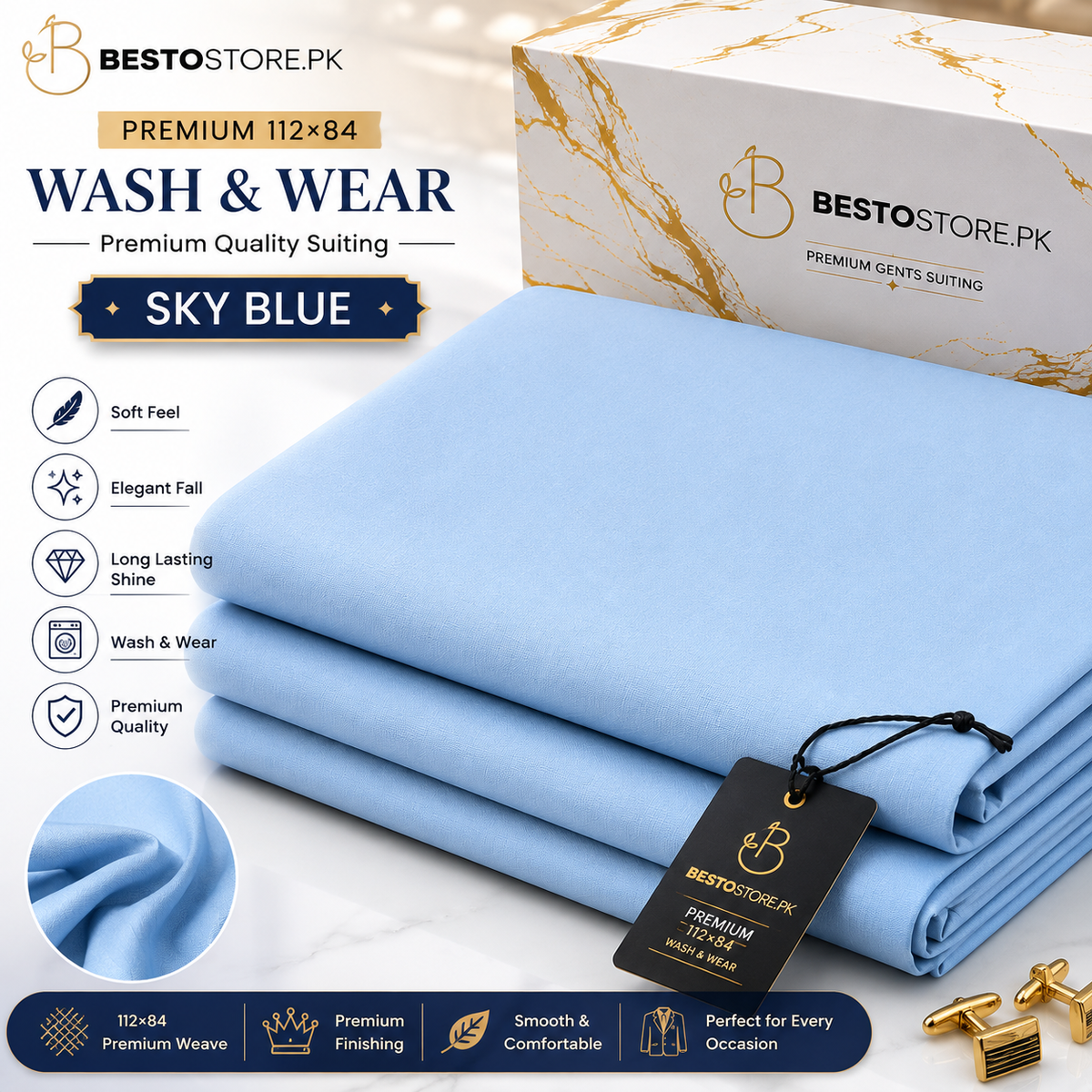 Bestostore Premium Sky Blue 112×84 Wash & Wear Suiting for Men – Soft Feel, Elegant Fall & Lasting Shine
