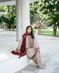 3PC Winter Dhenak Embroidered Suit | Front Open Embroidered Shirt, Embroidered Shawl & Trouser