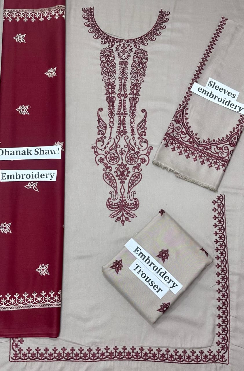 3PC Winter Dhenak Embroidered Suit | Front Open Embroidered Shirt, Embroidered Shawl & Trouser