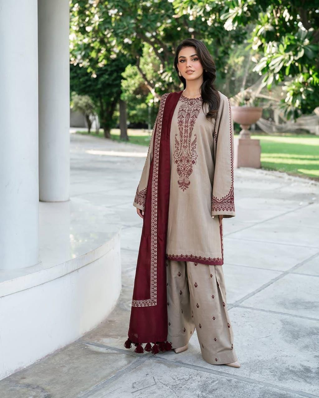3PC Winter Dhenak Embroidered Suit | Front Open Embroidered Shirt, Embroidered Shawl & Trouser