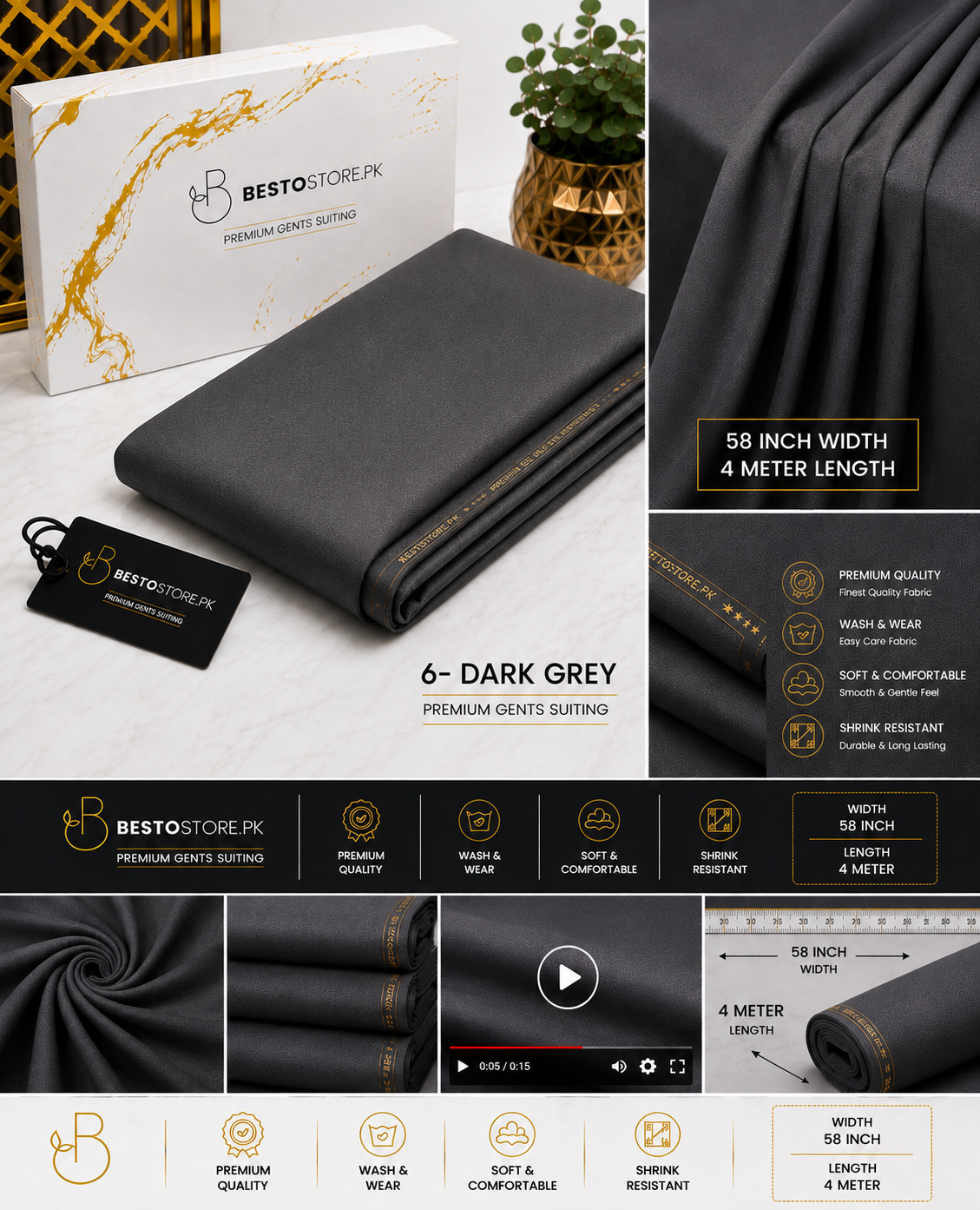 Bestostore Premium Dark Grey 112×84 Wash & Wear Suiting for Men – Soft Feel, Elegant Fall & Lasting Shine